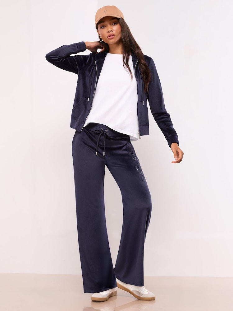 Lipsy Navy Embroidered Velour Zip Through Hoodie - Image 2 of 4 Lipsy Navy Embroidered Velour Zip Through Hoodie - Image 2 of 4