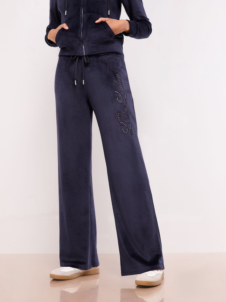 Lipsy Navy Embroidered Velour Relaxed Wide Leg Joggers - Image 1 of 5 Lipsy Navy Embroidered Velour Relaxed Wide Leg Joggers - Image 1 of 5