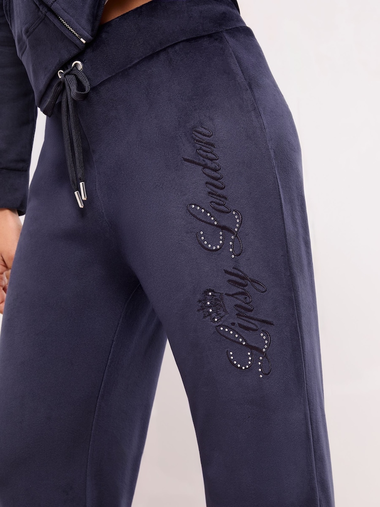 Lipsy Navy Embroidered Velour Relaxed Wide Leg Joggers - Image 2 of 5 Lipsy Navy Embroidered Velour Relaxed Wide Leg Joggers - Image 2 of 5