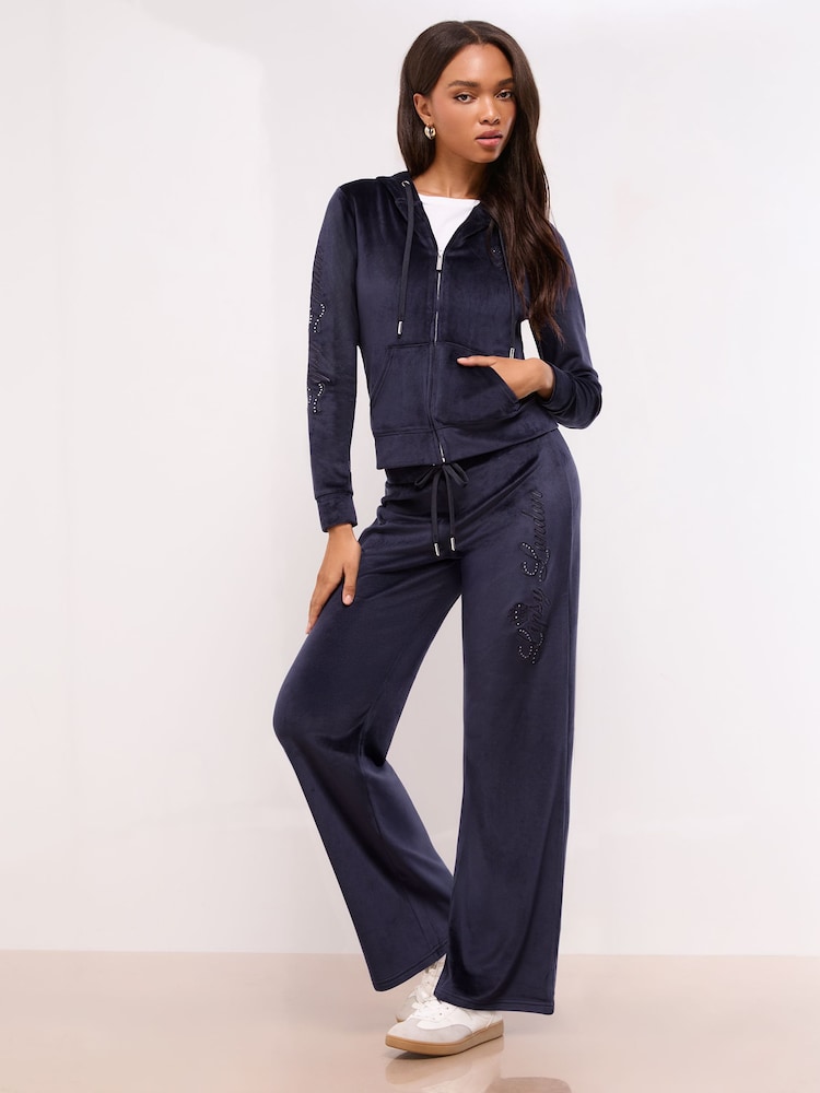Lipsy Navy Embroidered Velour Relaxed Wide Leg Joggers - Image 5 of 5 Lipsy Navy Embroidered Velour Relaxed Wide Leg Joggers - Image 5 of 5