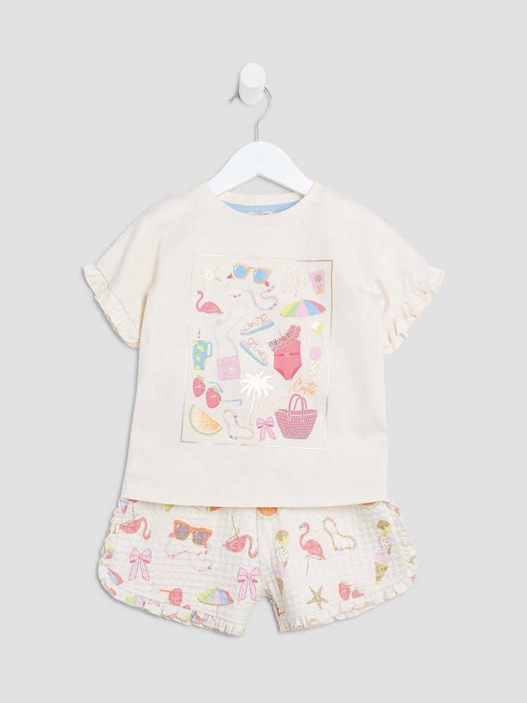 River Island Cream Girls Sunglass 100% Cotton T-Shirt Runner Set - Image 1 of 6