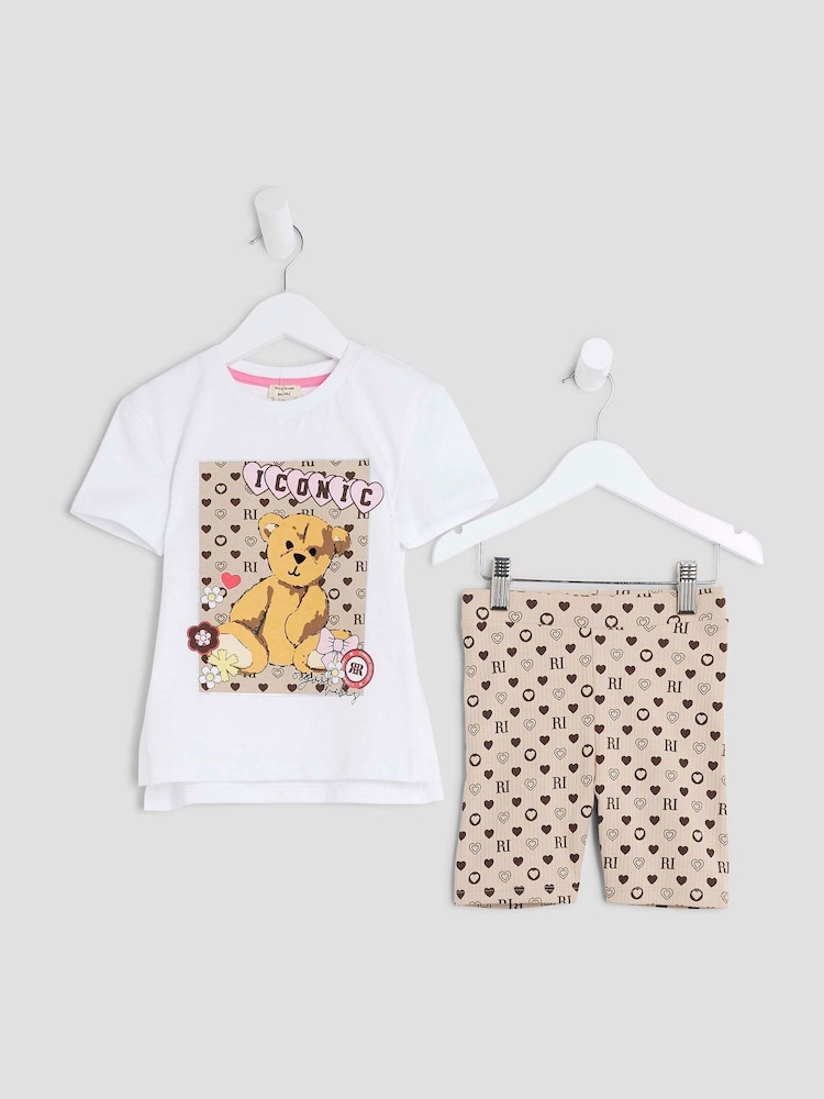 River Island White Girls Bear Monogram T-Shirt Set - Image 1 of 4