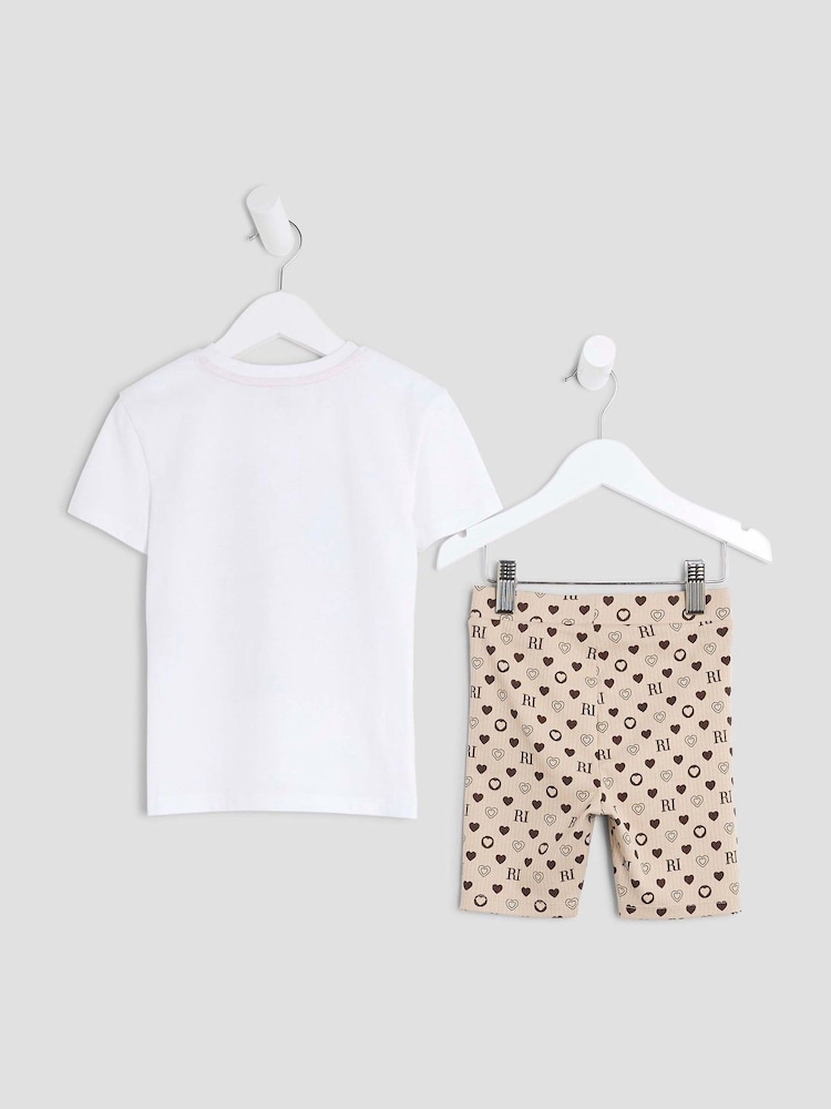 River Island White Girls Bear Monogram T-Shirt Set - Image 2 of 4