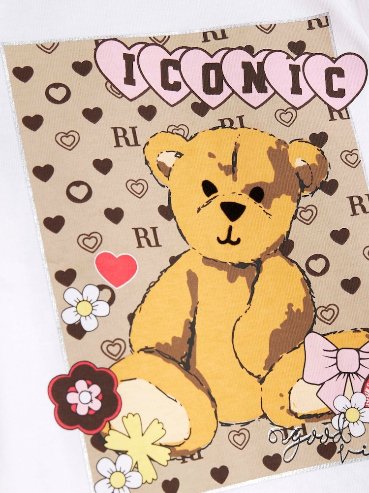 River Island White Girls Bear Monogram T-Shirt Set - Image 4 of 4