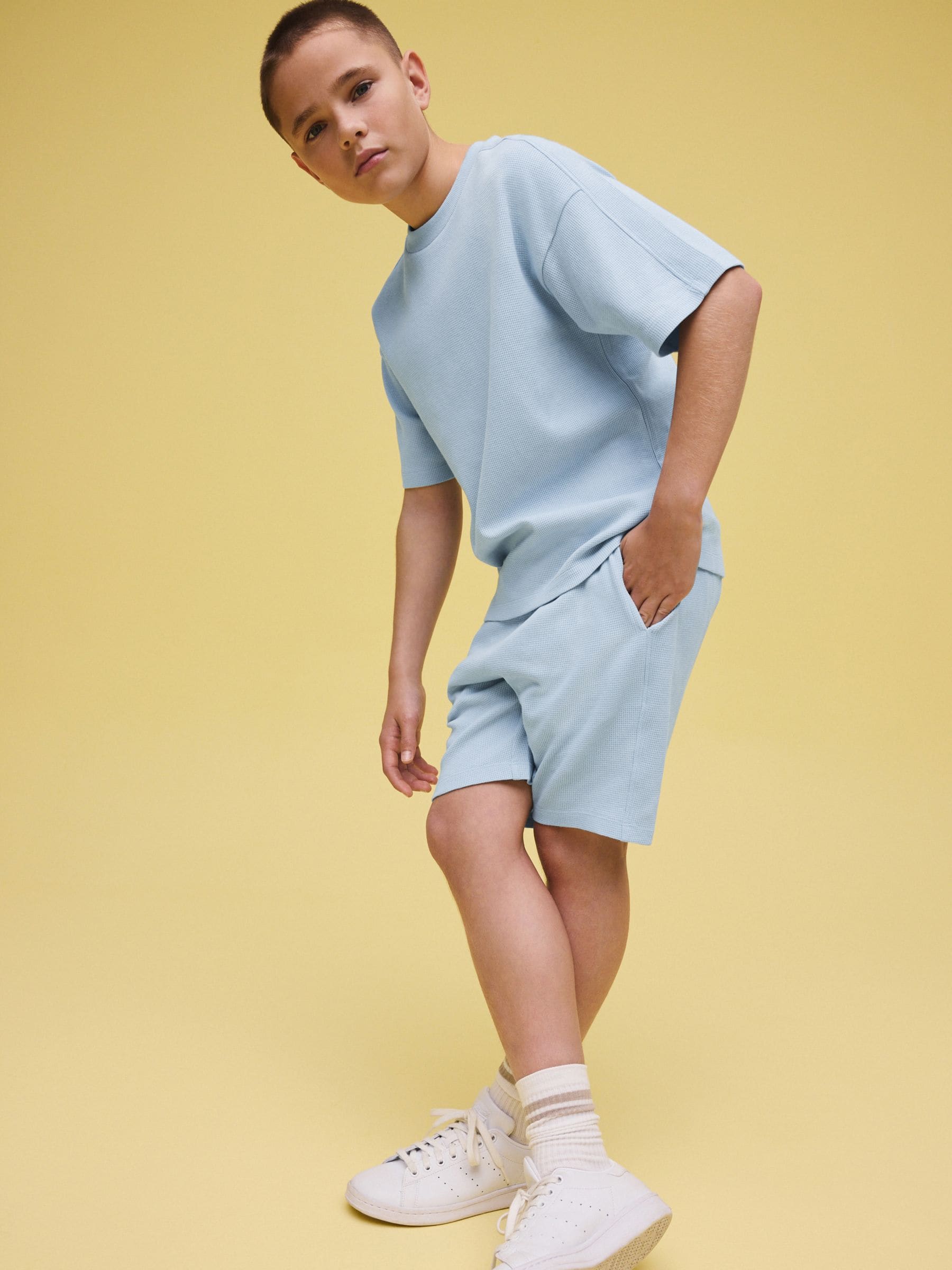 Buy Light Blue Textured Short Sleeve T-Shirt and Shorts Set (3