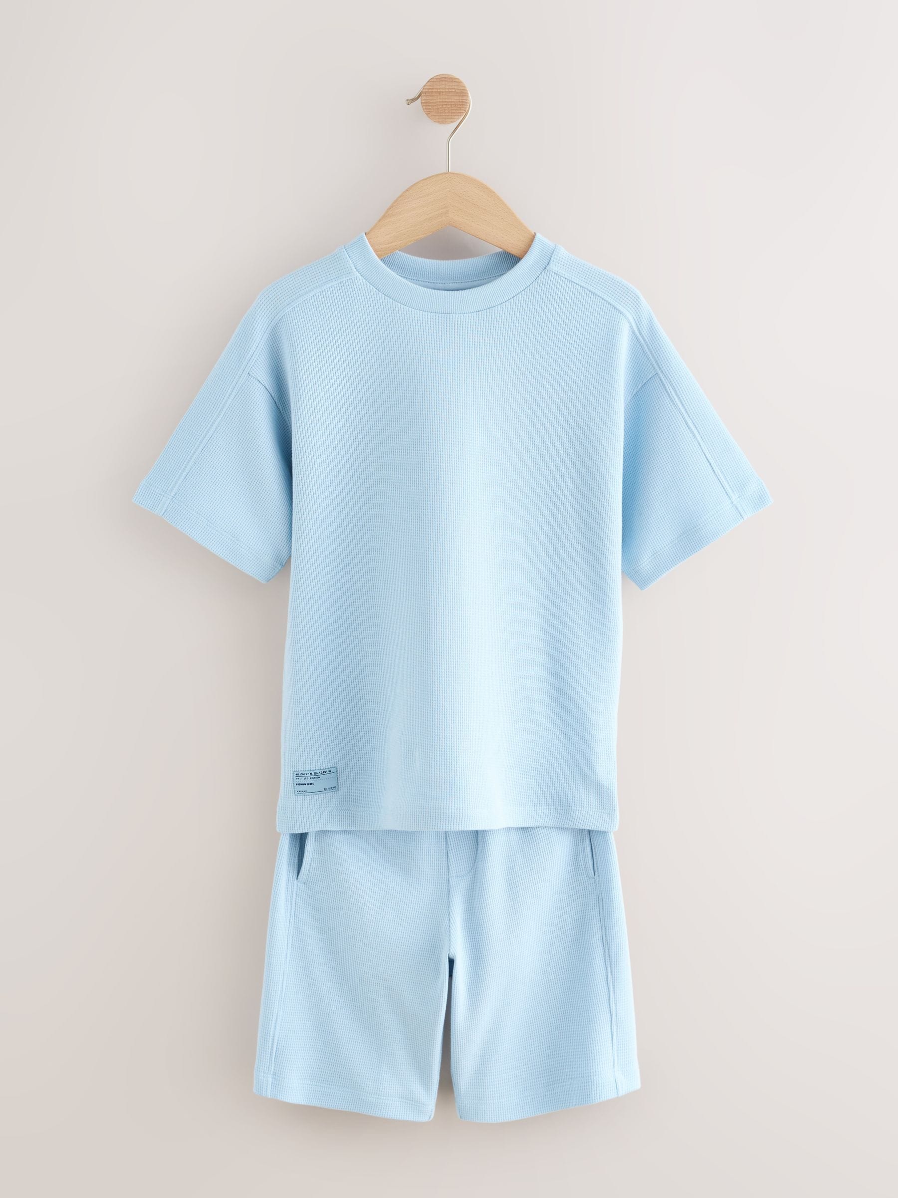 Buy Light Blue Textured Short Sleeve T-Shirt and Shorts Set (3