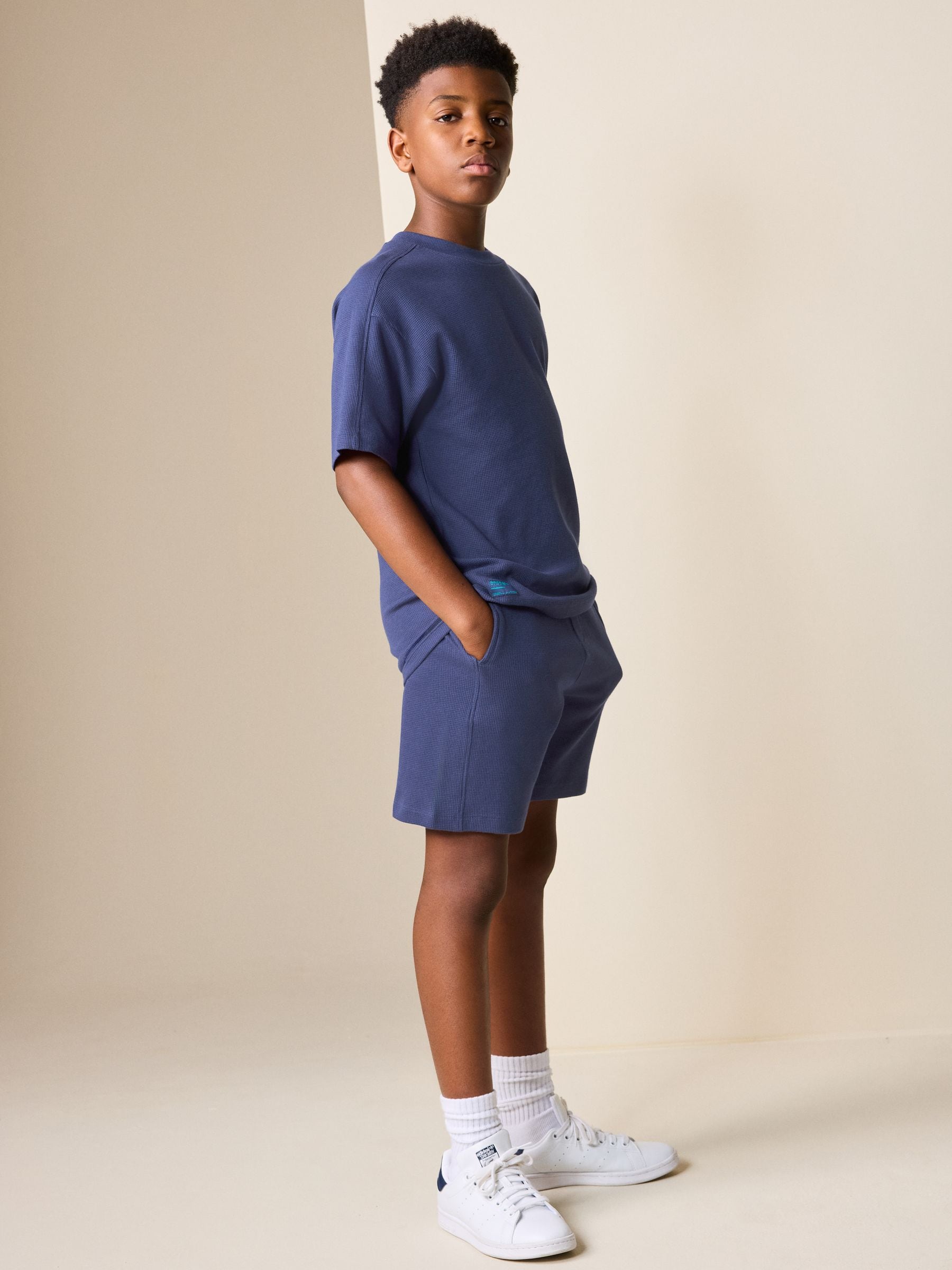 Buy Navy Blue Textured Short Sleeve T-Shirt and Shorts Set (3