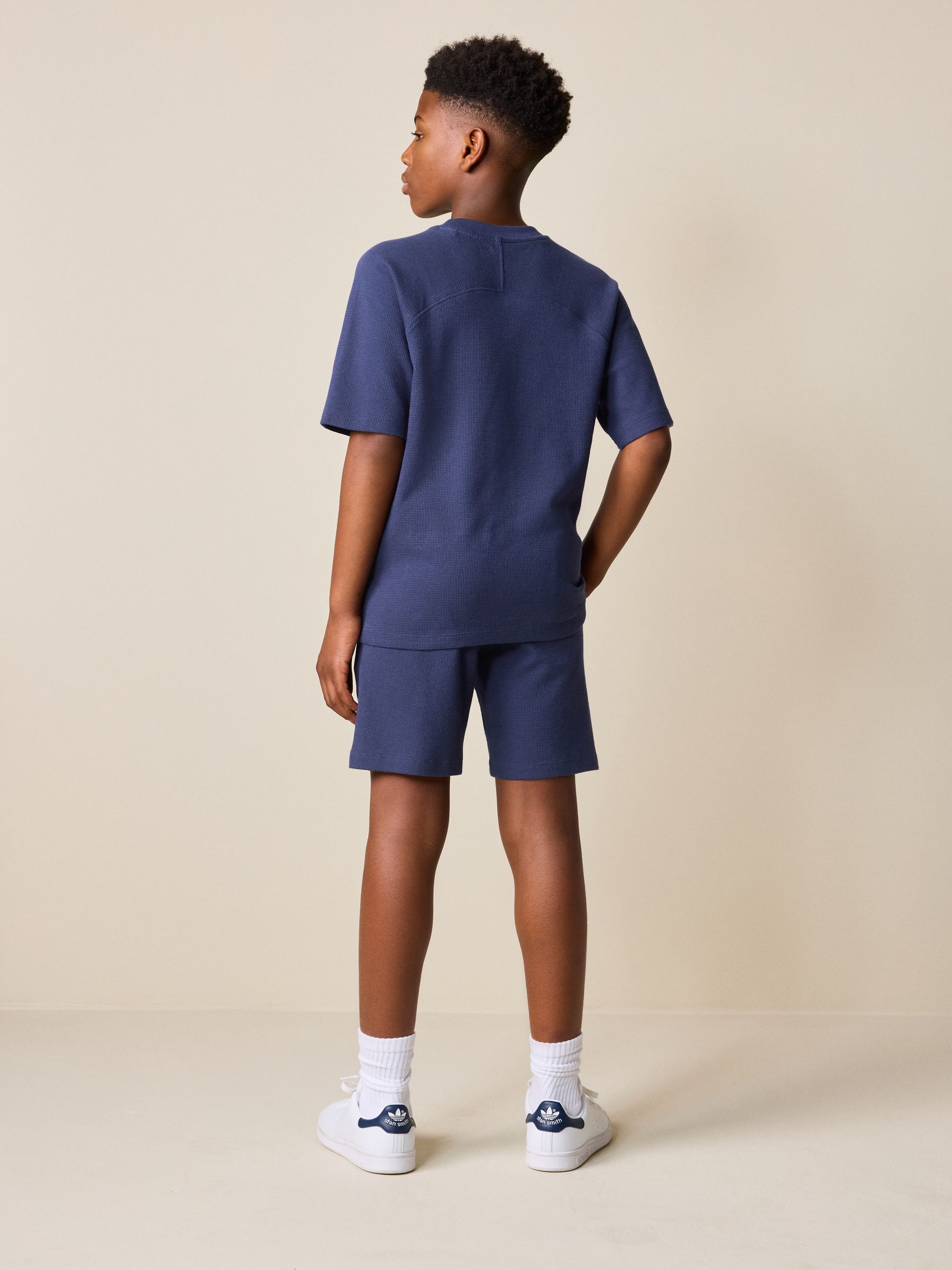 Buy Navy Blue Textured Short Sleeve T-Shirt and Shorts Set (3