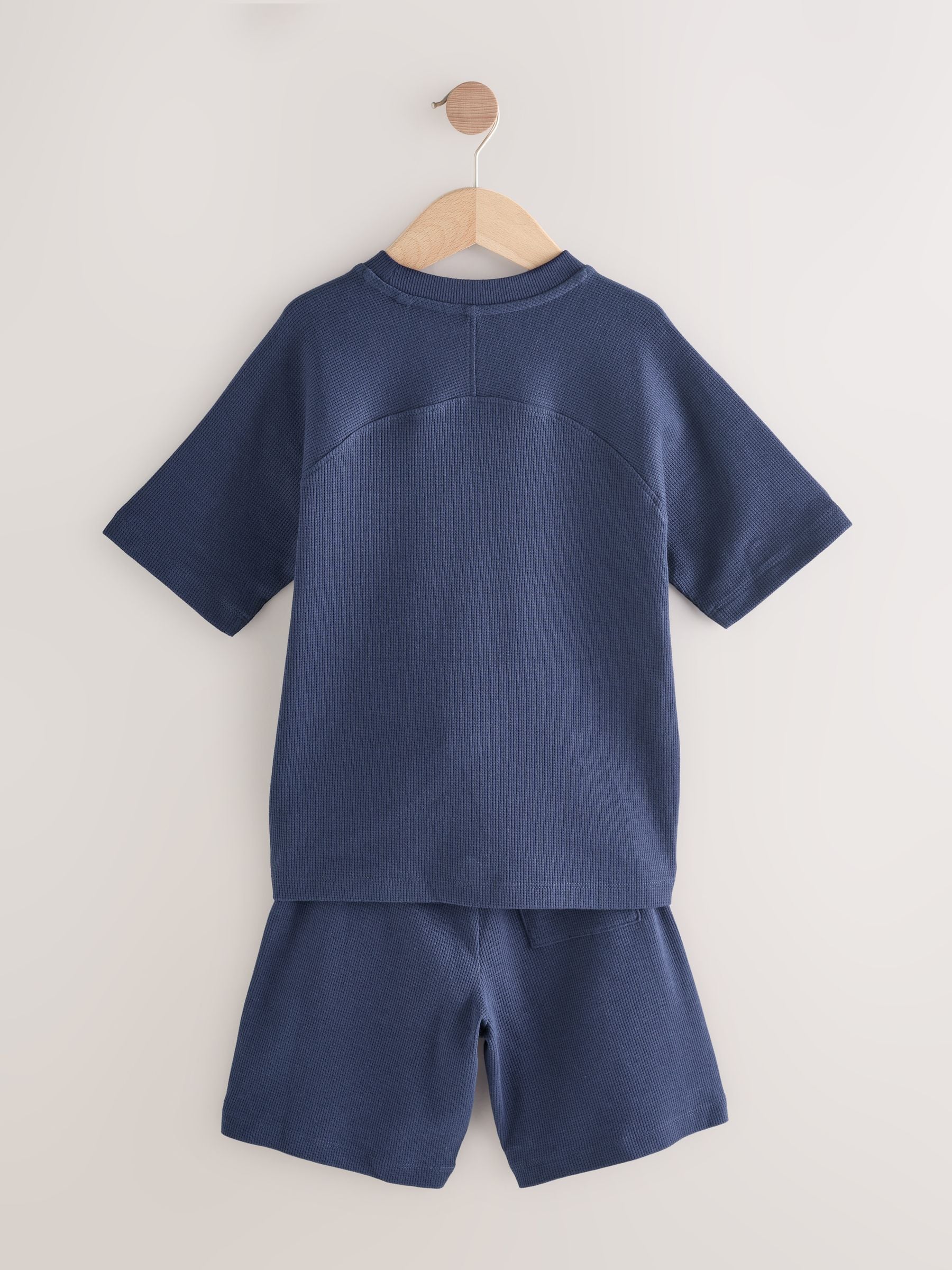 Buy Navy Blue Textured Short Sleeve T-Shirt and Shorts Set (3