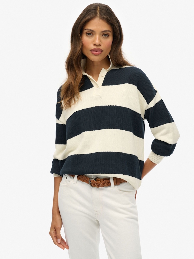 Superdry White/Blue Slouchy Striped Rugby Knitted Jumper - Image 1 of 5
