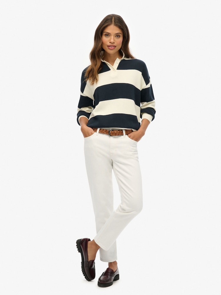 Superdry White/Blue Slouchy Striped Rugby Knitted Jumper - Image 2 of 5