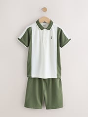 Green/Ecru Colourblock Short Sleeve Polo Shirt and Shorts Set (3-16yrs) - Image 1 of 10