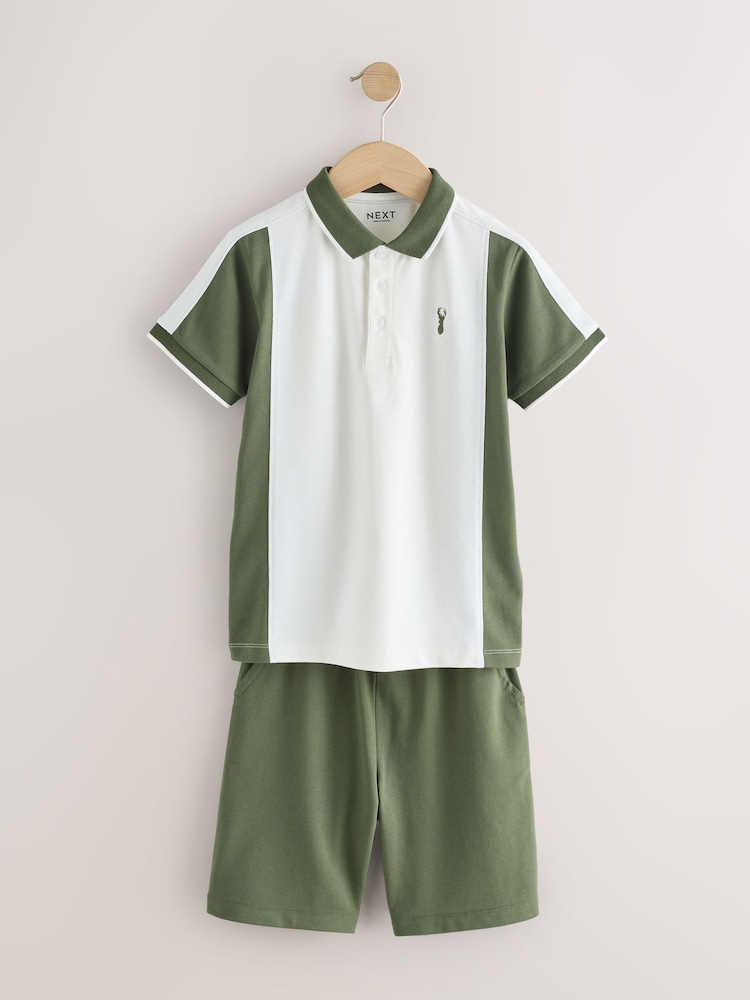 Green/Ecru Colourblock Short Sleeve Polo Shirt and Shorts Set (3-16yrs) - Image 1 of 10 Green/Ecru Colourblock Short Sleeve Polo Shirt and Shorts Set (3-16yrs) - Image 1 of 10