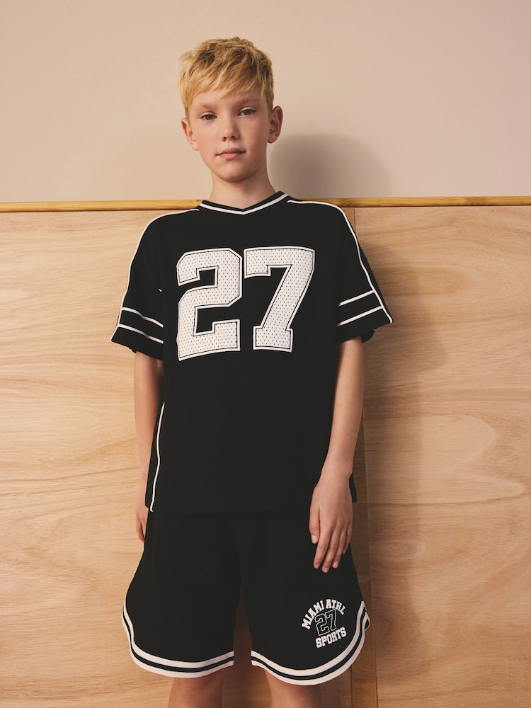 Black Varsity T-Shirt and Shorts Set (3-16yrs) - Image 1 of 10
