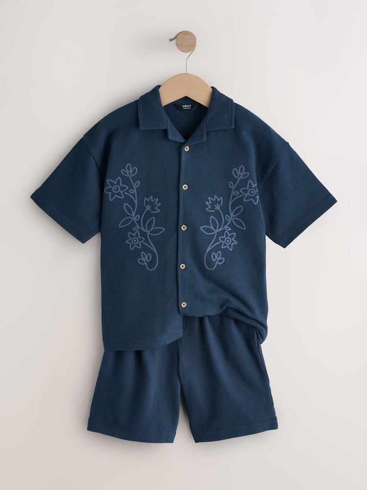 Navy Revere Button Through Shirt and Shorts Set (3-16yrs) - Image 2 of 5