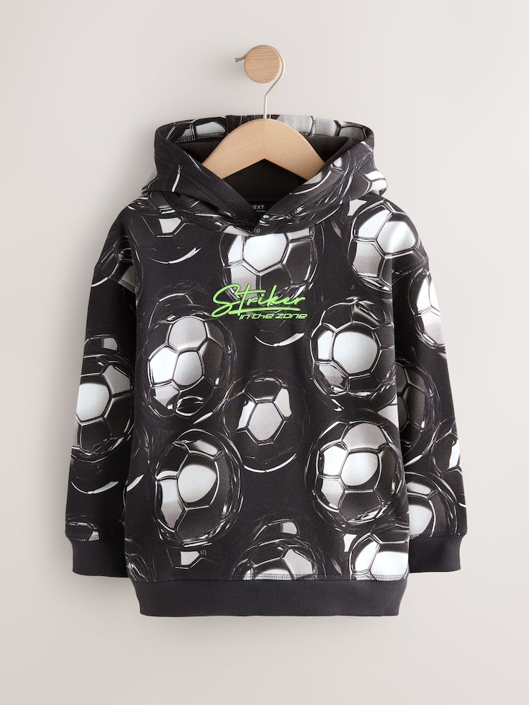 Black Football Print Older Boys Graphic Print Hoodie (3-16yrs) - Image 1 of 4 Black Football Print Older Boys Graphic Print Hoodie (3-16yrs) - Image 1 of 4