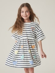 Little Bird by Jools Oliver Stripe & Rainbow Heart Appliqué Cotton Dress - Image 1 of 8