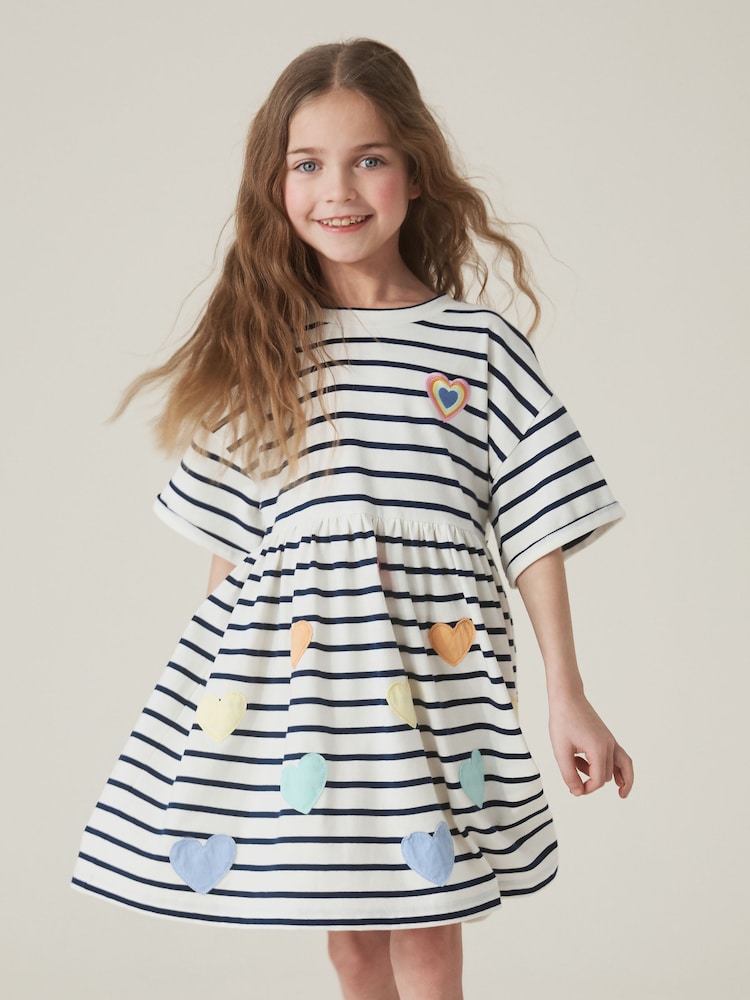 Little Bird by Jools Oliver Stripe & Rainbow Heart Appliqué Cotton Dress - Image 1 of 8