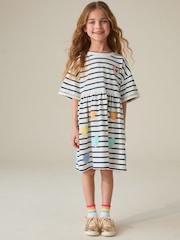 Little Bird by Jools Oliver Stripe & Rainbow Heart Appliqué Cotton Dress - Image 2 of 8
