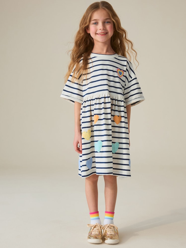 Little Bird by Jools Oliver Stripe & Rainbow Heart Appliqué Cotton Dress - Image 2 of 8