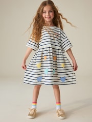 Little Bird by Jools Oliver Stripe & Rainbow Heart Appliqué Cotton Dress - Image 3 of 8