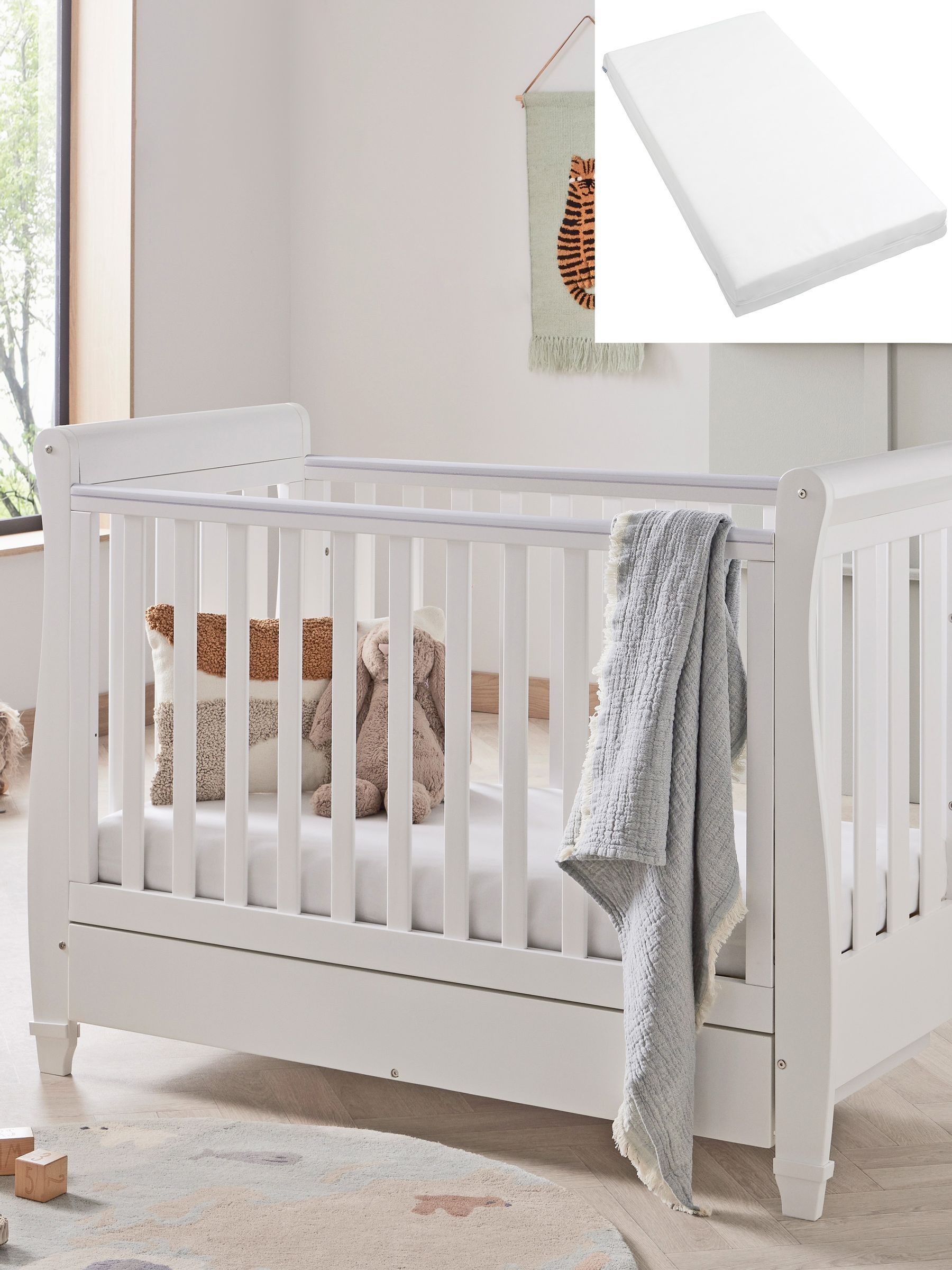 Babymore White Eva Cot Bed With Fibre Mattress