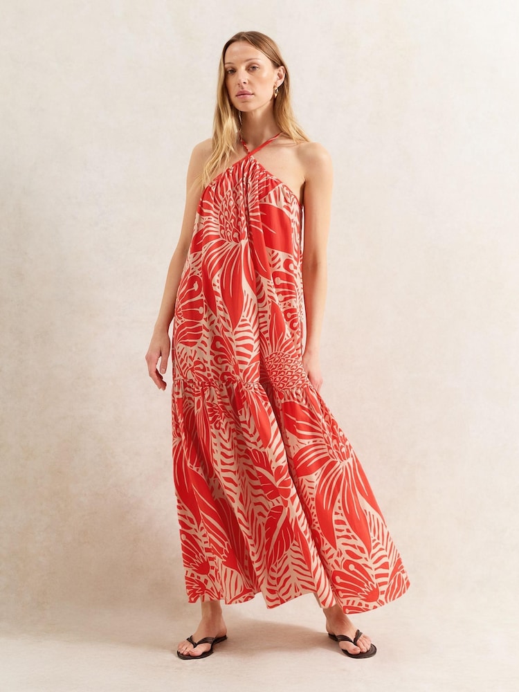 Ro&Zo Red Floral Print Halter Neck 100% Cotton Dress - Image 1 of 3