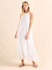 Ro&Zo White Petite Broderie Hem Cheesecloth 100% Cotton Midi Dress - Image 1 of 4