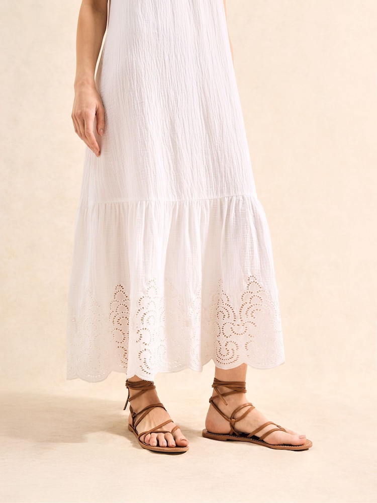 Ro&Zo White Petite Broderie Hem Cheesecloth 100% Cotton Midi Dress - Image 2 of 4