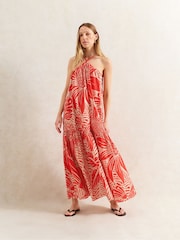 Ro&Zo Red Petite Floral Print Halter Neck 100% Cotton Dress - Image 1 of 3