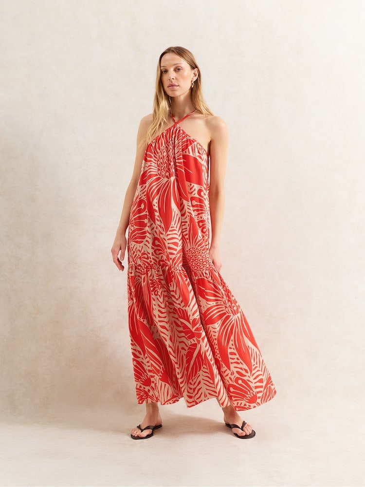 Ro&Zo Red Petite Floral Print Halter Neck 100% Cotton Dress - Image 1 of 3