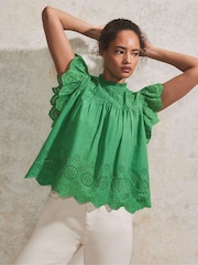 Ro&Zo Broderie Flutter Sleeve 100% Cotton Top - Imagen 1 de 3