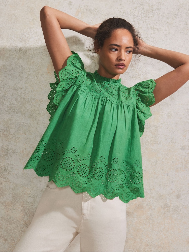 Ro&Zo Broderie Flutter Sleeve 100% Cotton Top - Imagen 1 de 3