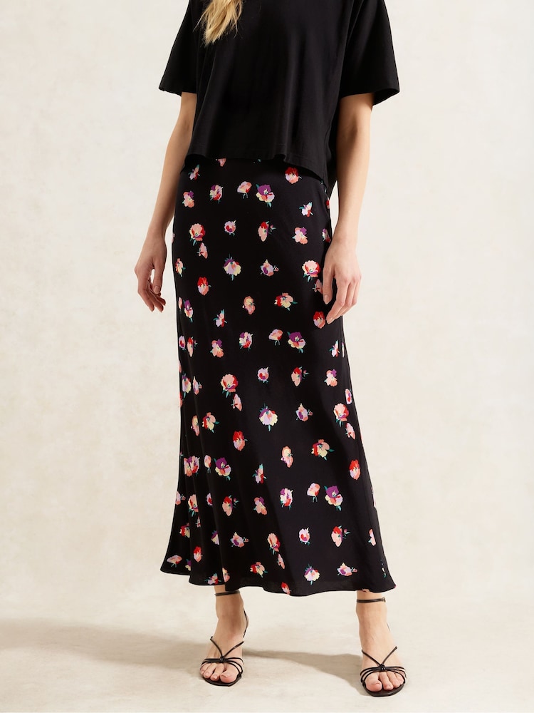 Ro&Zo Black Petite Multi Pansy Printed Bias Cut Skirt - Image 1 of 3