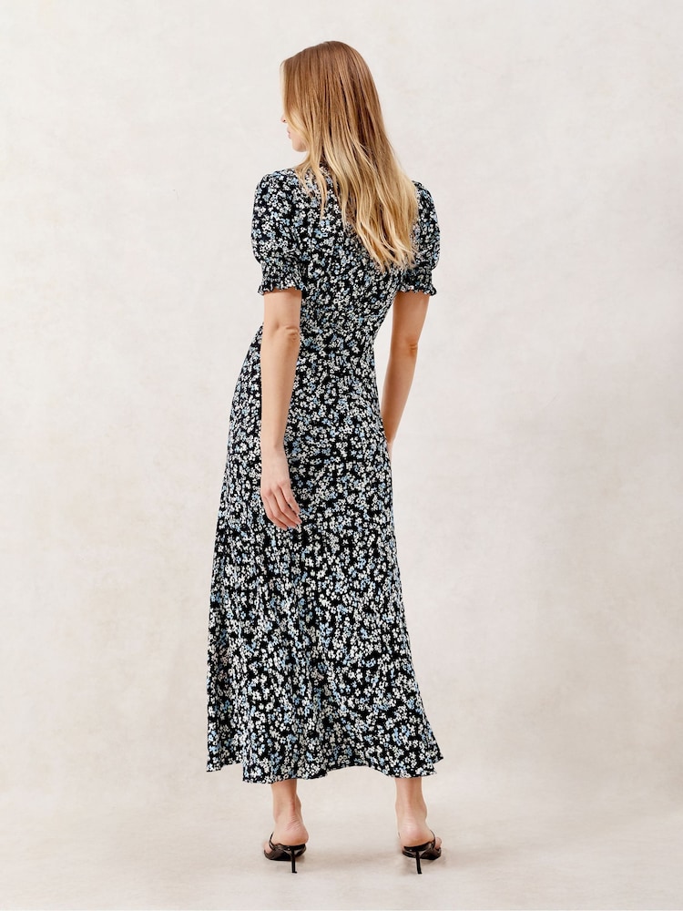 Ro&Zo Black Petite Ground Ditsy Print Shirred Cuff Midi Dress - Image 3 of 3 Ro&Zo Black Petite Ground Ditsy Print Shirred Cuff Midi Dress - Image 3 of 3