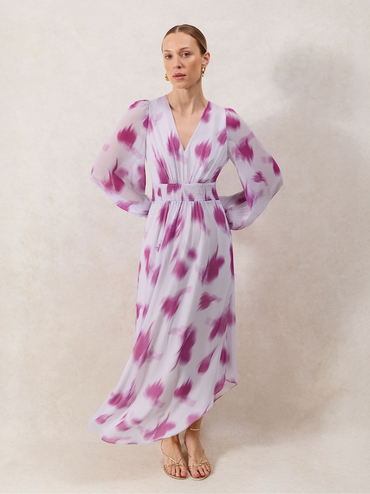 Ro&Zo Pink Petite Anya Blurred Floral Shirred Waist Dress - Image 1 of 4