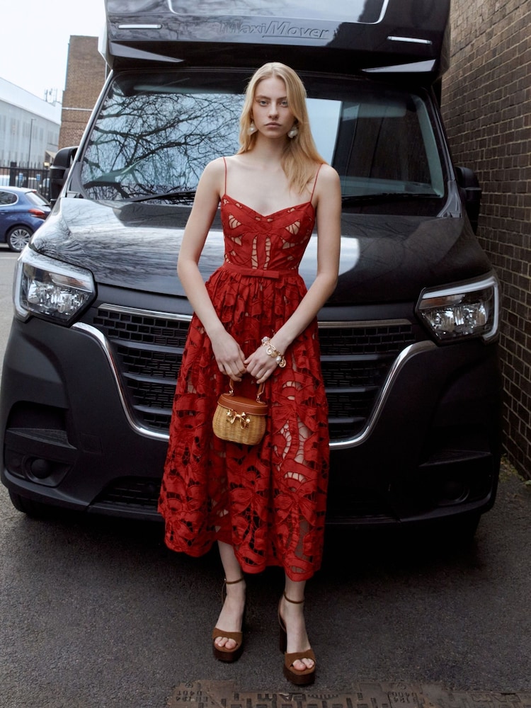 Self-Portrait Red Bow Embroidered Midi Dress - Image 2 of 7
