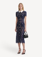 Self-Portrait Blue Lace Contrast Collar Midi Dress - Image 1 of 6