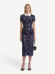 Self-Portrait Blue Lace Contrast Collar Midi Dress - Image 4 of 6