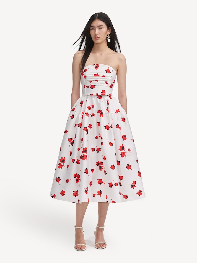 Self-Portrait White Floral Print Taffeta Midi Dress - Image 1 of 6