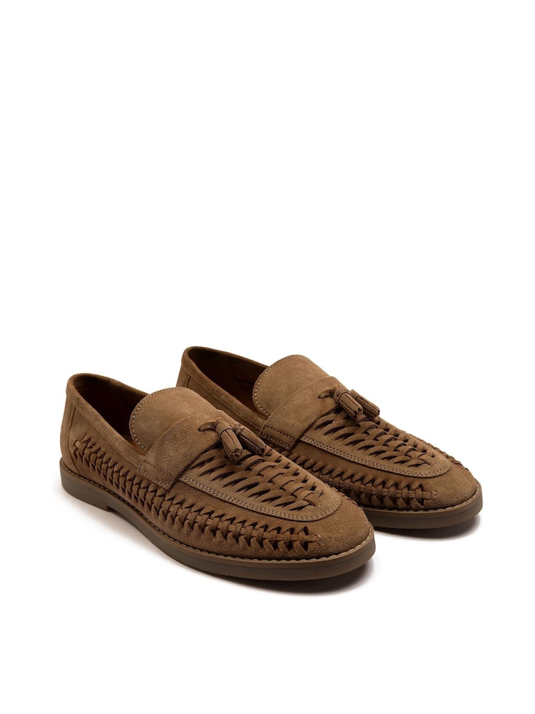 Off The Hook Light Brown Tiger Tassel Suede Leather Slip-On Loafers with Woven Detail - Image 3 of 8