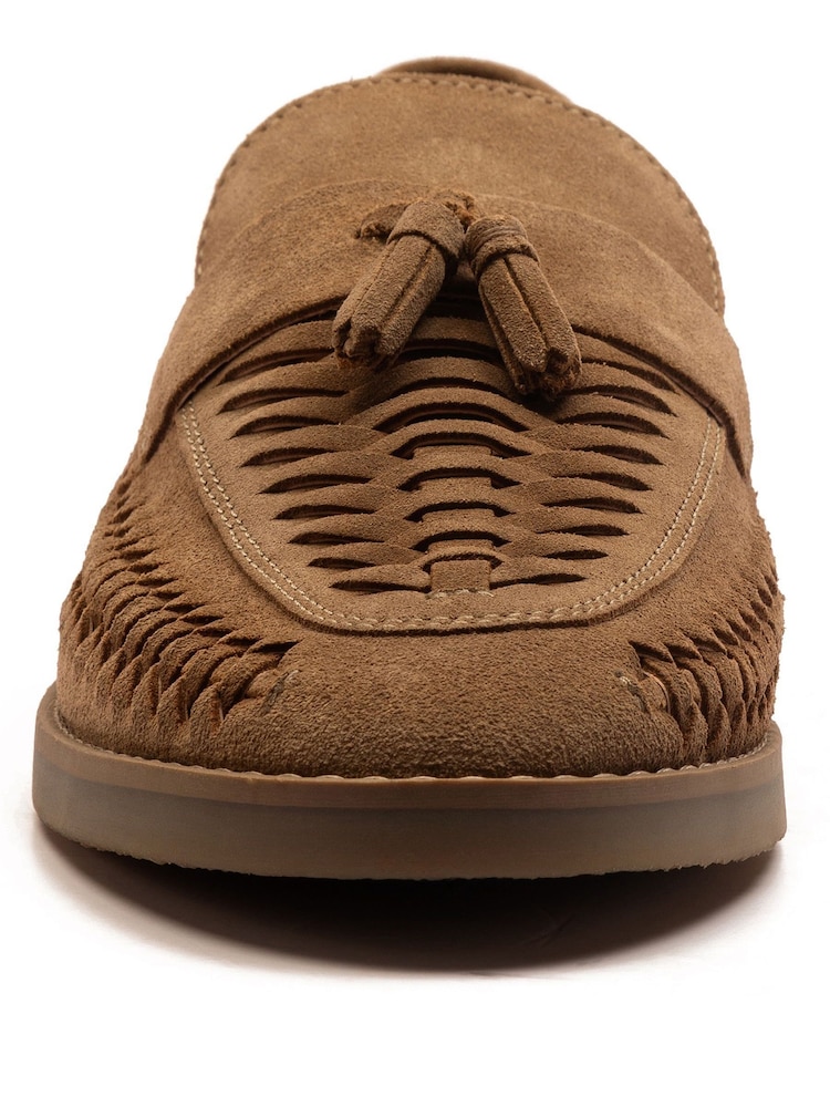 Off The Hook Light Brown Tiger Tassel Suede Leather Slip-On Loafers with Woven Detail - Image 5 of 8