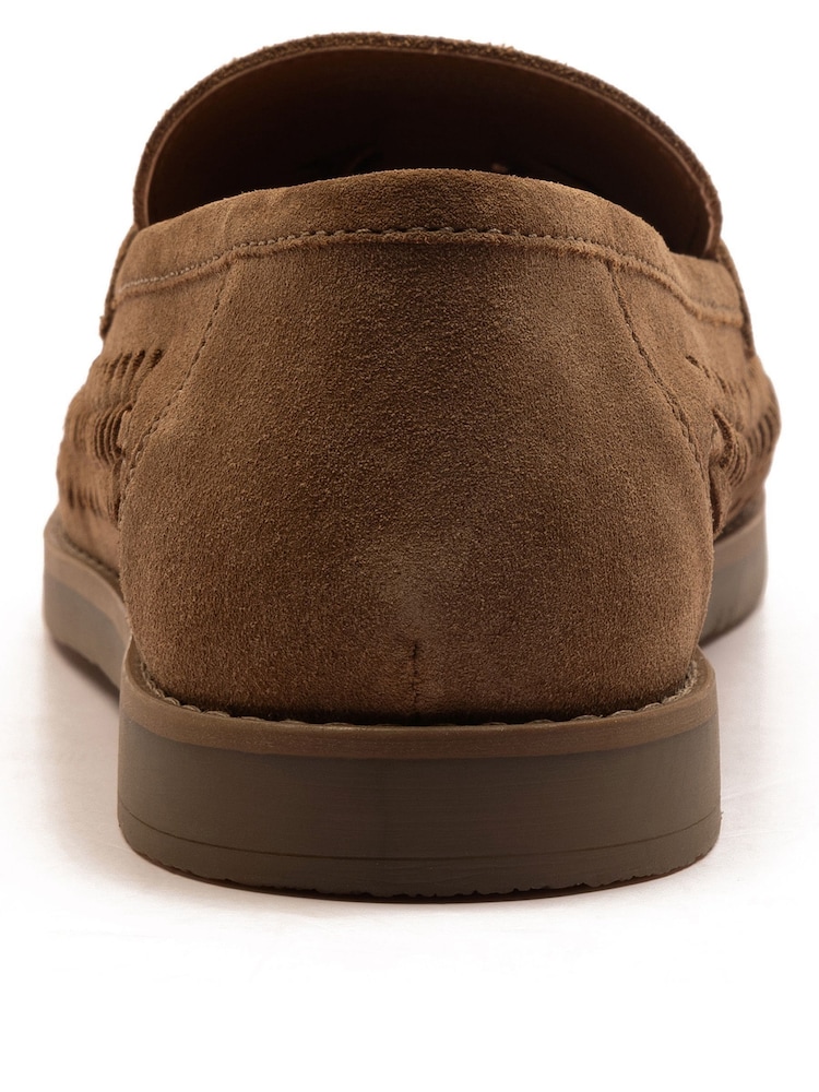 Off The Hook Light Brown Tiger Tassel Suede Leather Slip-On Loafers with Woven Detail - Image 6 of 8