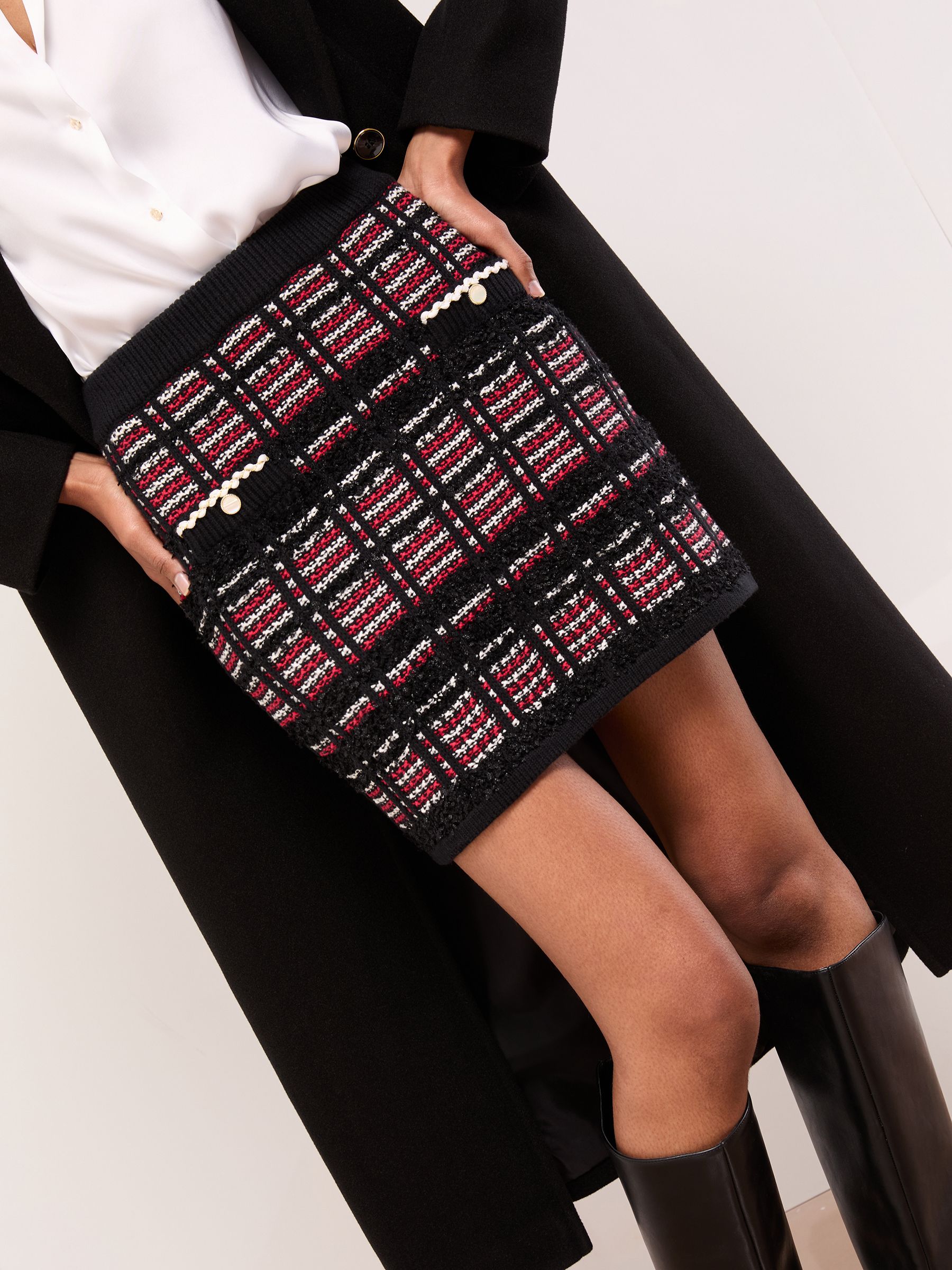 Buy Lipsy Black/Red Checked Boucle Trim Detail Knitted Mini Skirt