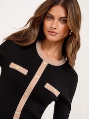 Lipsy Black Tipped Button Long Sleeve Mini Knit Dress - Image 2 of 4