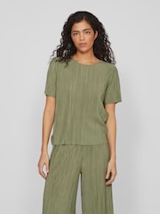 VILA Green Short Sleeved Plisse Top - Image 1 of 5