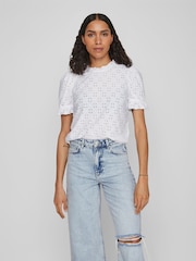 VILA White Short Puff Sleeve Embriodery Top - Image 4 of 7