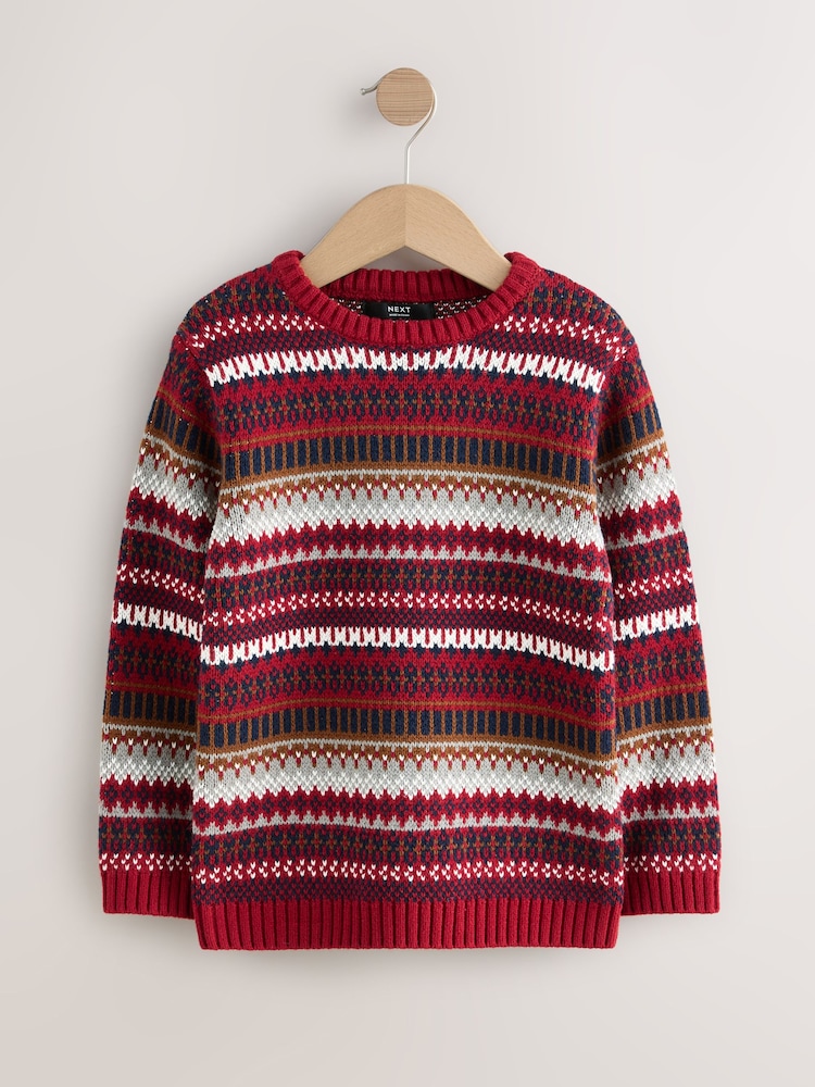 Burgundy Red Fairisle Pattern Knitted Crew Neck Jumper (3-16yrs) - Image 1 of 4