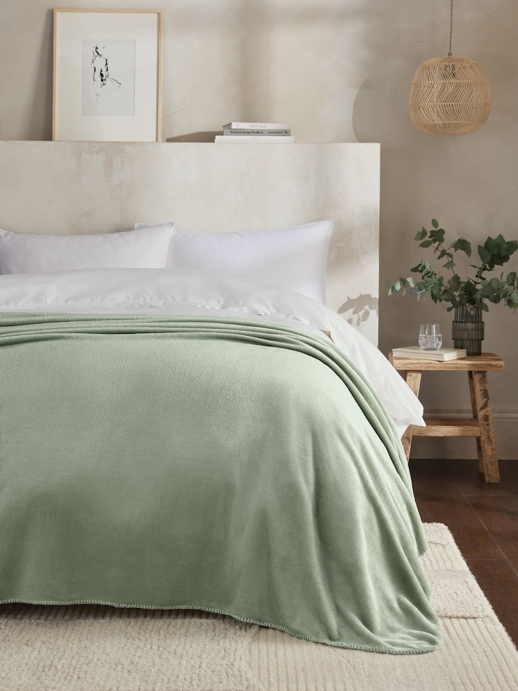 Sage Green Plush Fleece Blanket Stitch Throw - Image 1 of 4 Sage Green Plush Fleece Blanket Stitch Throw - Image 1 of 4