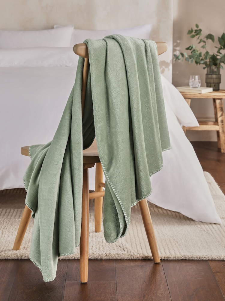 Sage Green Plush Fleece Blanket Stitch Throw - Image 2 of 4 Sage Green Plush Fleece Blanket Stitch Throw - Image 2 of 4